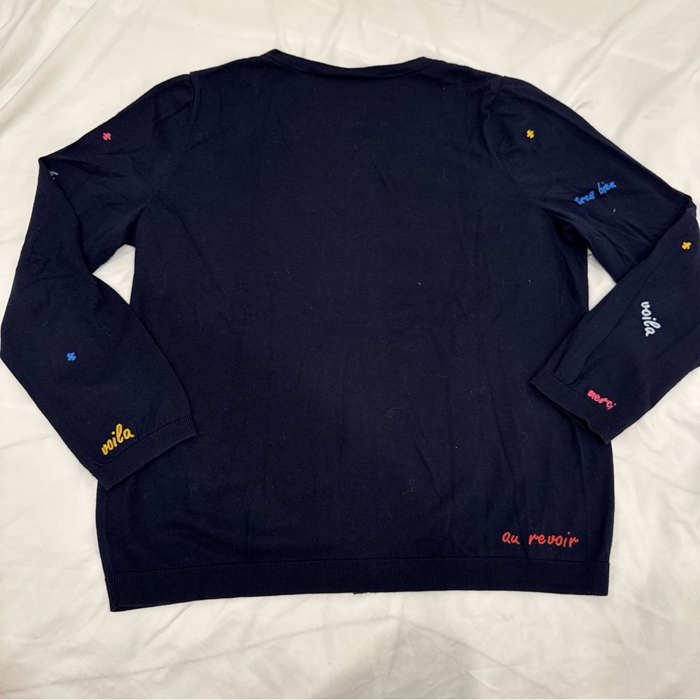 Talbots Plus Size 1X Navy Cardigan Embroidered French Phrases Bonjour Voila - Picture 4 of 8